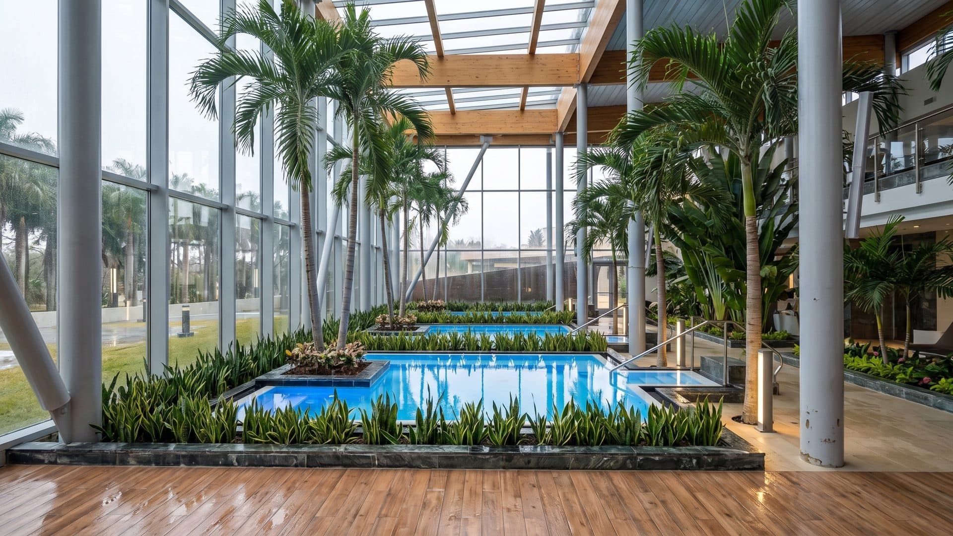 Indoor palm garden with rectangular pools framed by planting, under a glazed timber roof