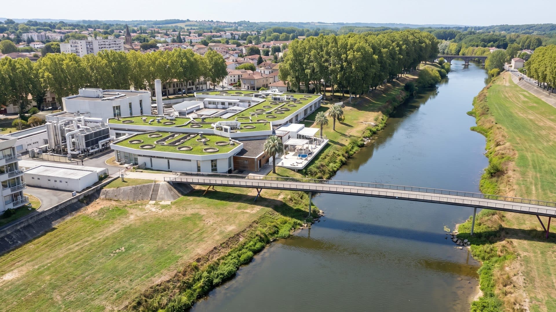 The Daxadour thermal buildings from the air beside the river and its bridge