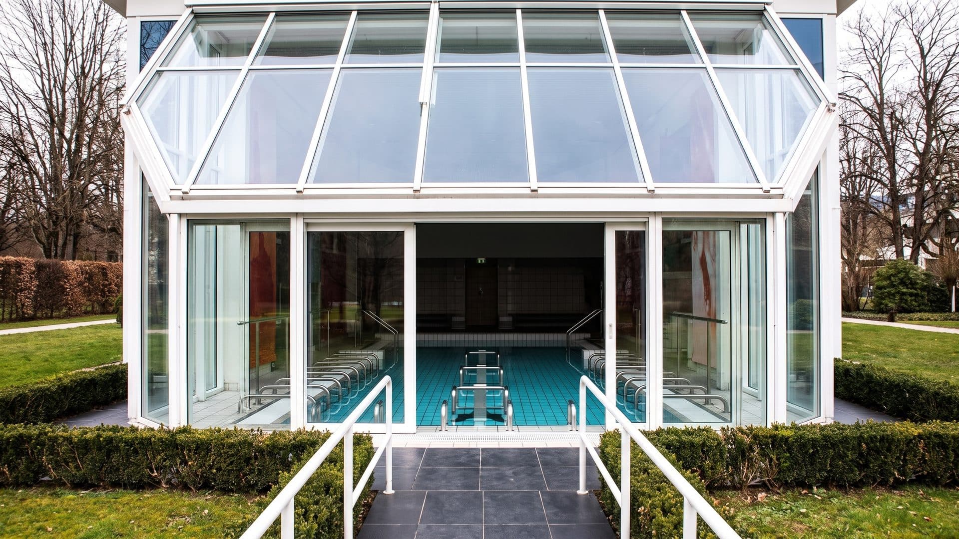 The glazed pavilion of the La Lechere baths with its pool inside