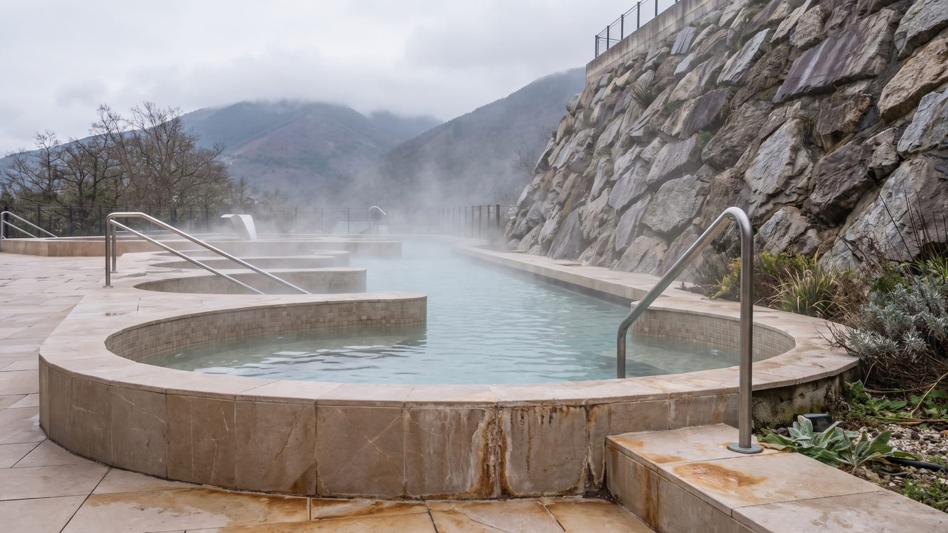 A round stone thermal basin at Luchon steaming below the mountainside