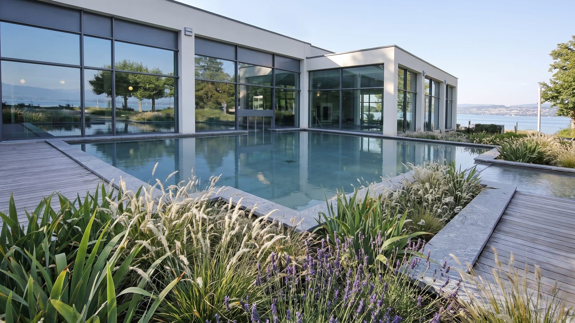 The outdoor pool of the Thonon-les-Bains thermal baths in front of the glazed spa building