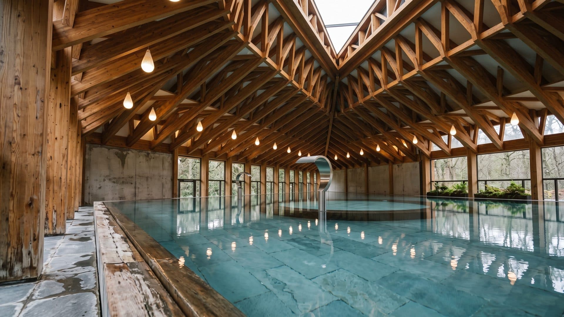 The indoor pool at Vals-les-Bains under a high timber roof truss with hanging lights, glass walls on both sides