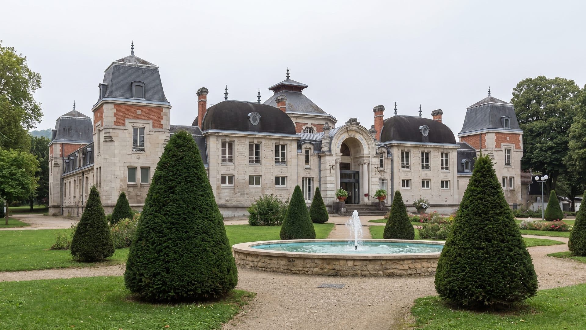 The domed spa palace of Ledonia with its fountain basin and clipped garden