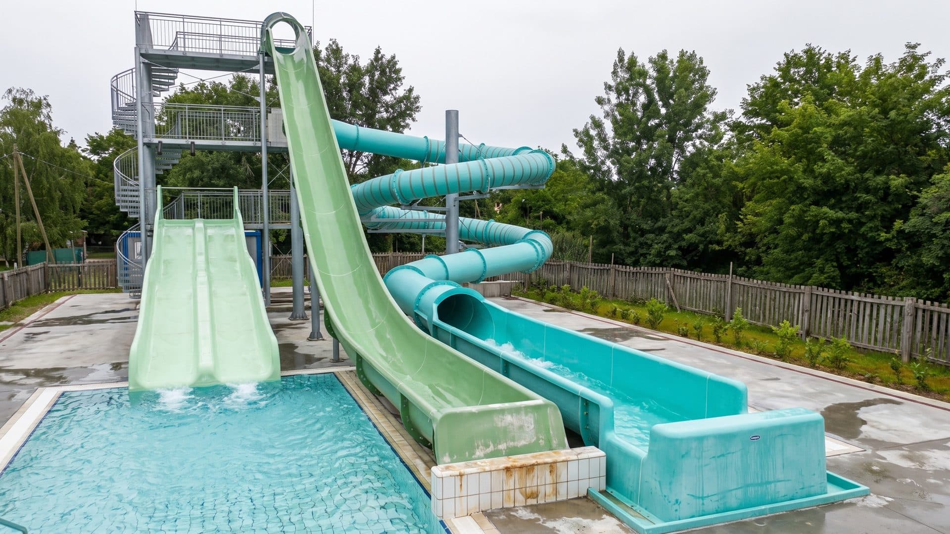 Pale green straight and spiral slides running from a steel tower into a blue splash pool