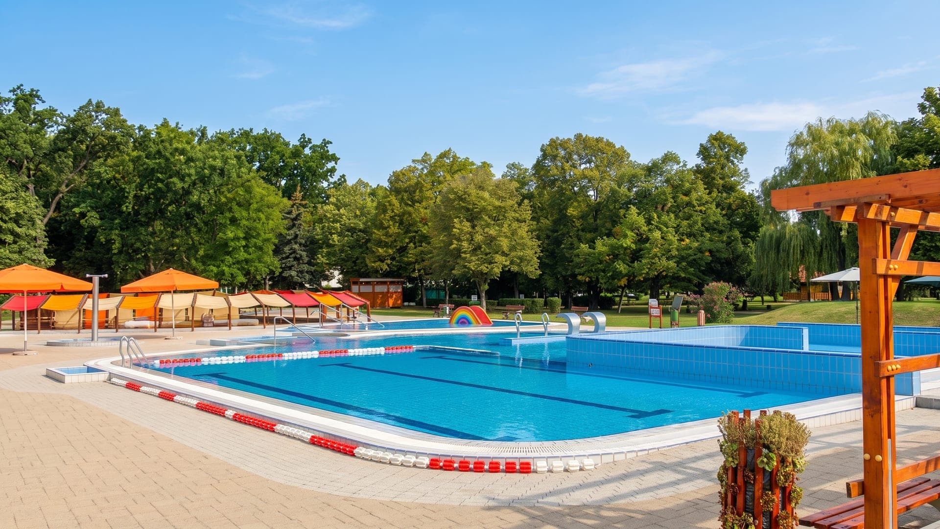 The outdoor pool at the town lido in Torokszentmiklos, with an orange timber pergola and striped cabanas along the terrace.