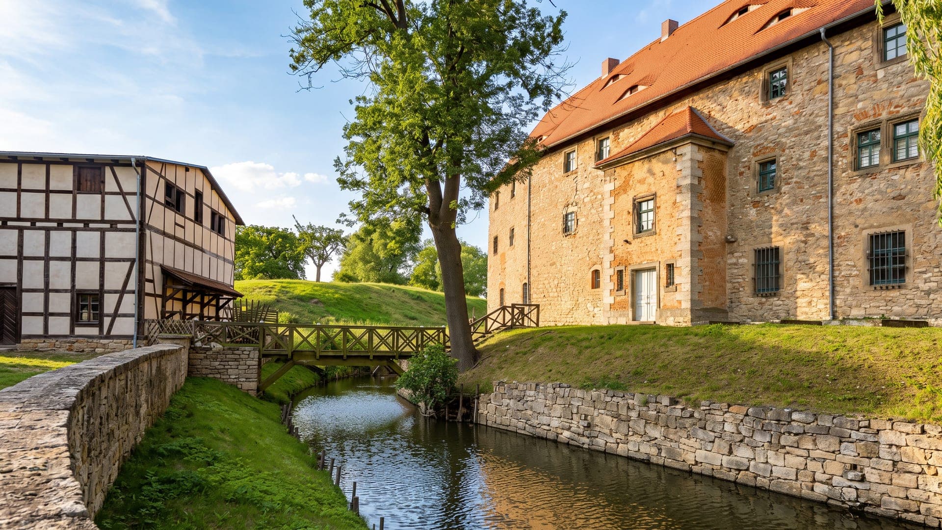 Stone bath building beside a moat, with a timber footbridge