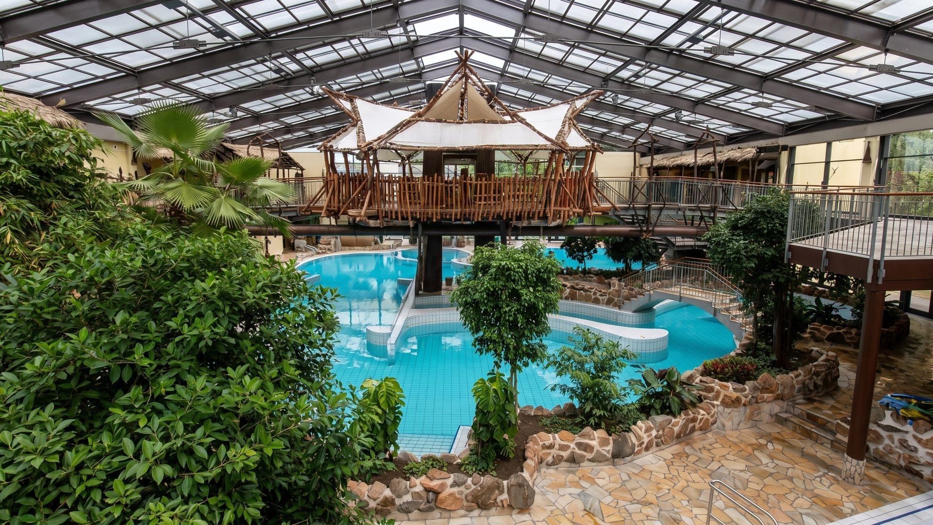 Tropical indoor pool among dense planting, with a thatched timber tree-house platform above