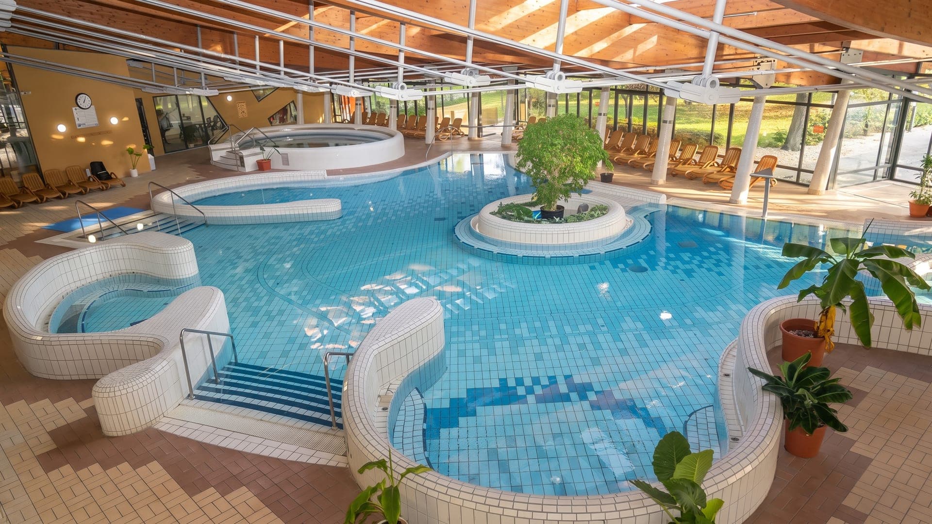 The indoor pool hall at Varkert Furdo in Papa, its curved pools set around a planted island under a timber roof.