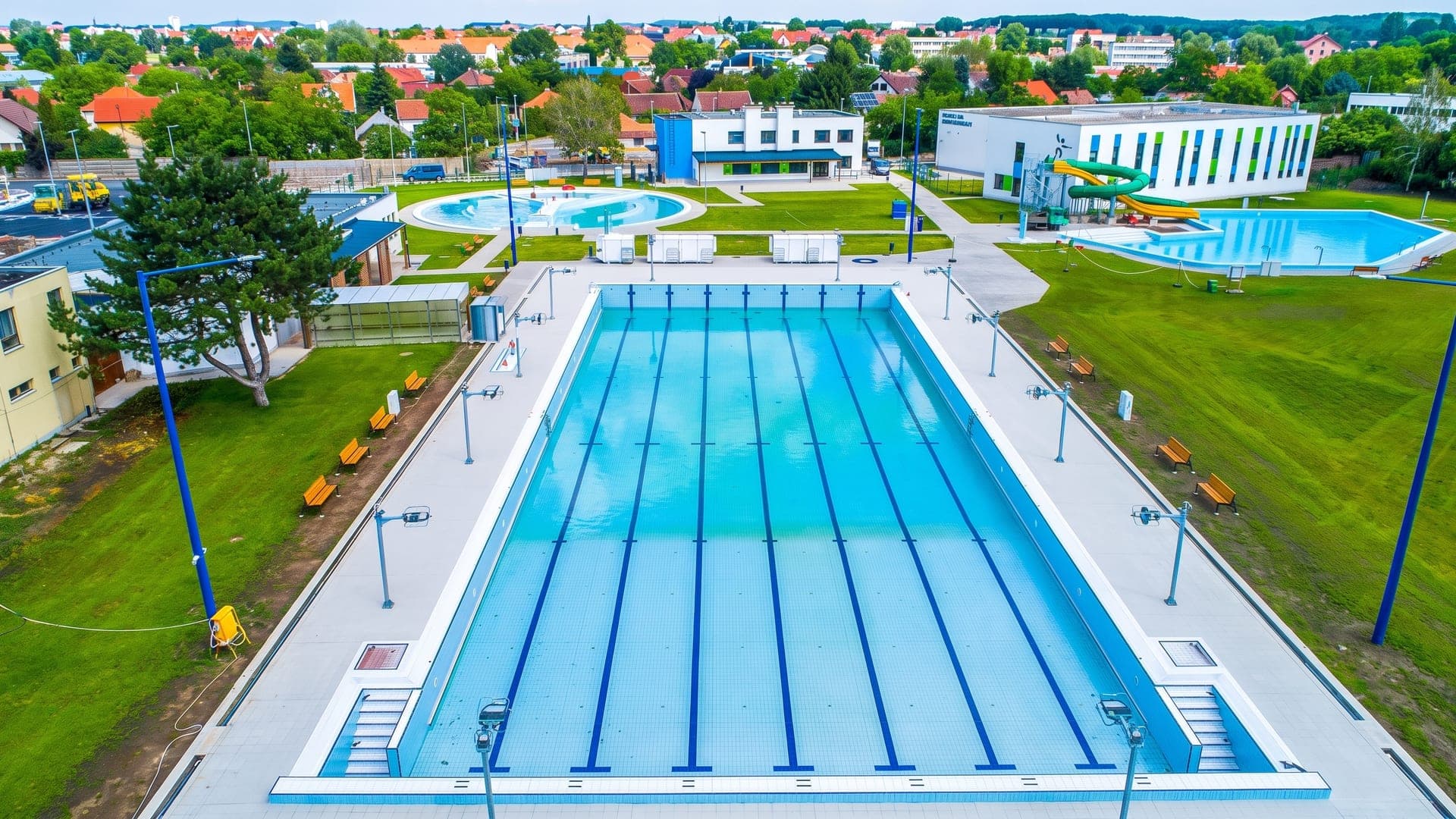 Fifty-metre lane pool from above, with the smaller pools beyond