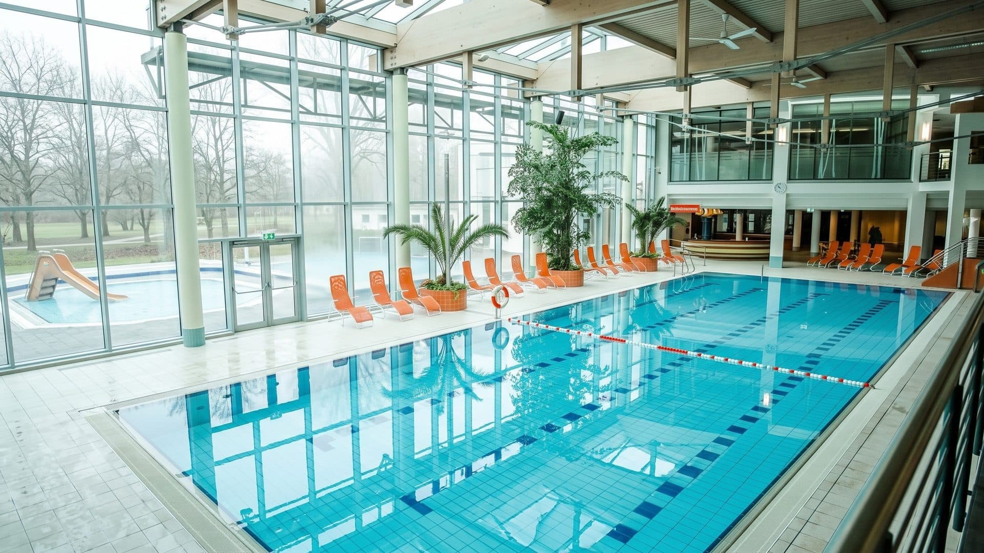 The glazed pool hall of the Vitalpark Eichsfeld Therme: a lane pool with blue tiling, potted palms and orange loungers along the windows