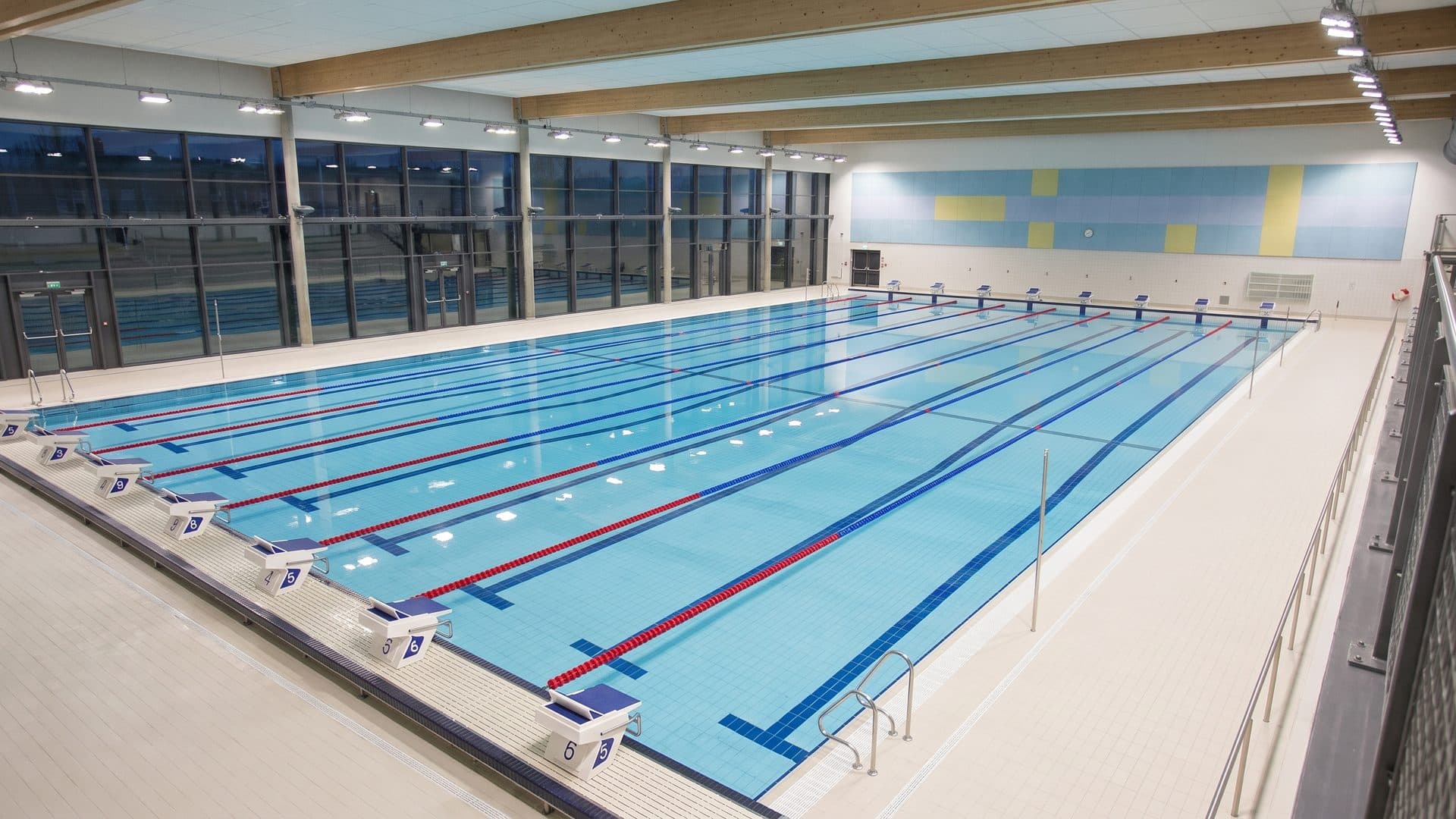 The fifty metre pool of the Vitusbad seen down its length from the gallery