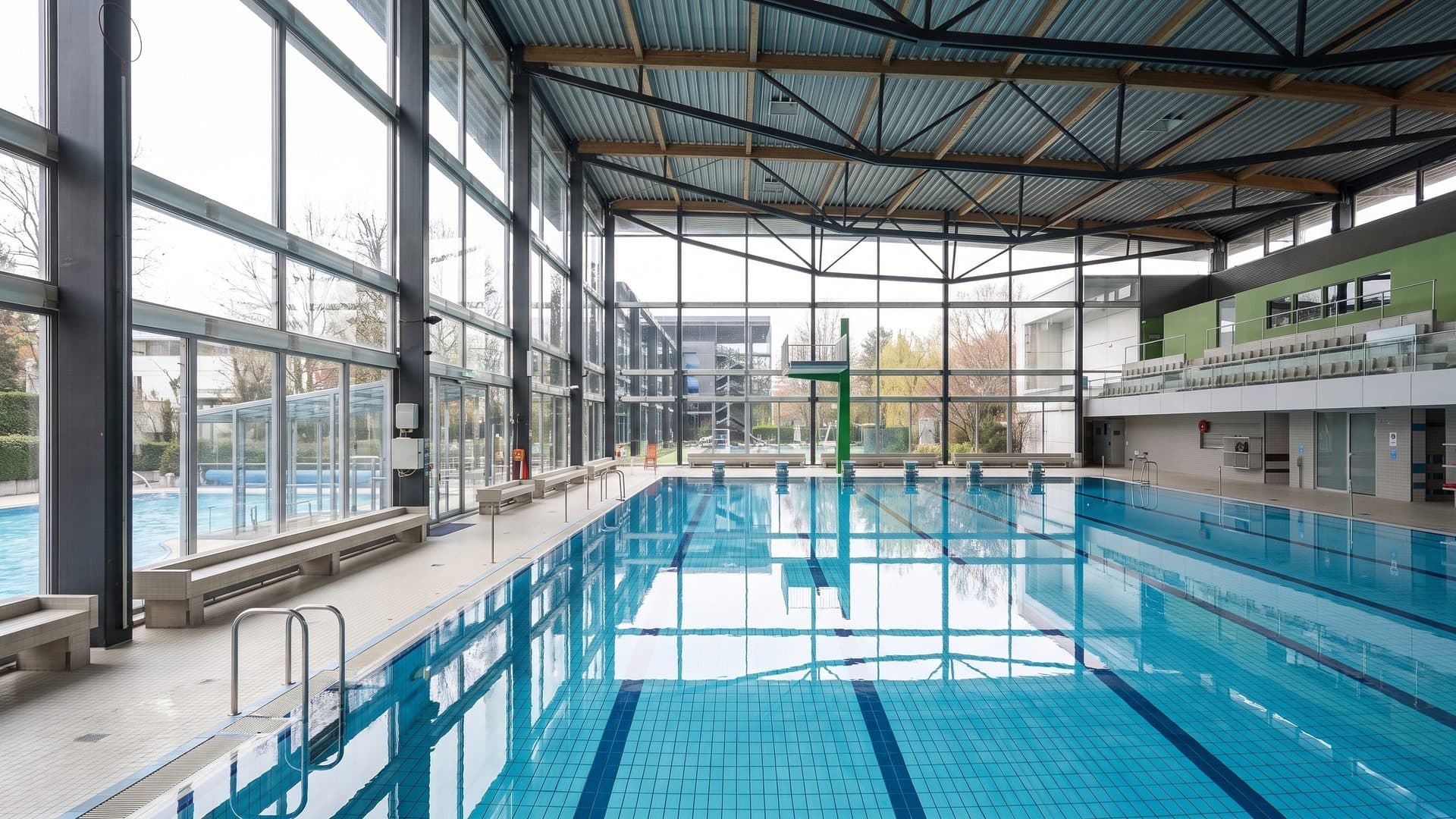 The indoor pool of Wananas along its full glazed wall with the roof structure above