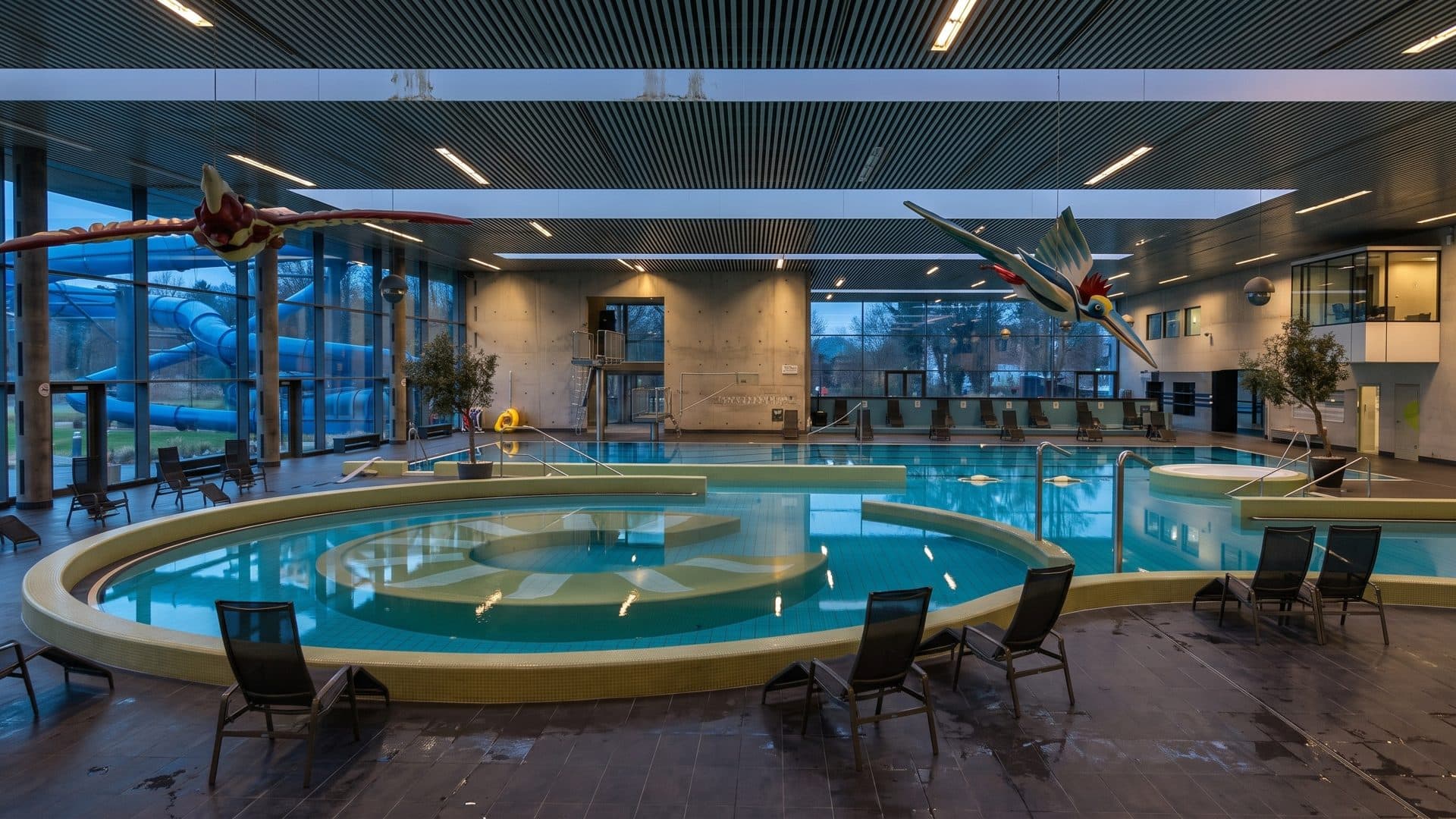 Indoor pool hall with a round jet pool, dark loungers and model birds hanging from the ceiling