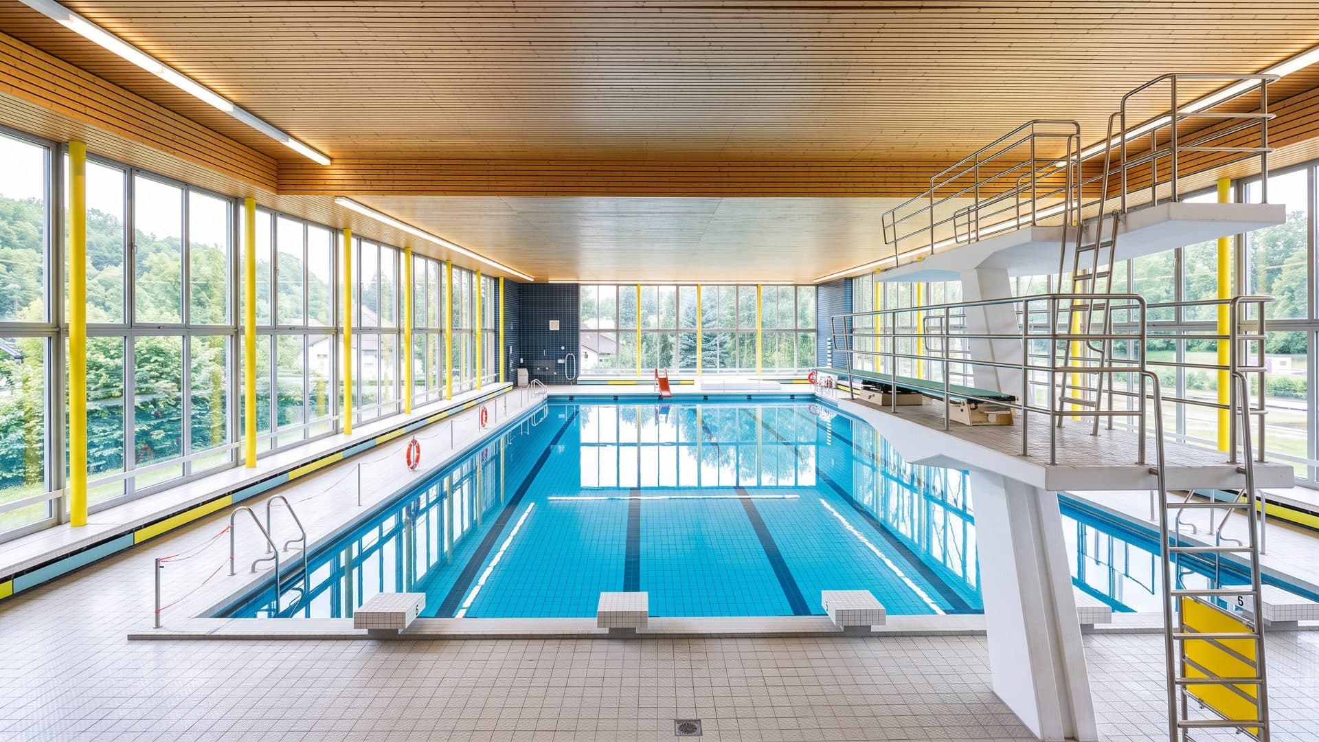 The indoor pool of the Hallenbad Langendreer in Bochum with a diving tower under a timber ceiling and a glass wall onto the trees