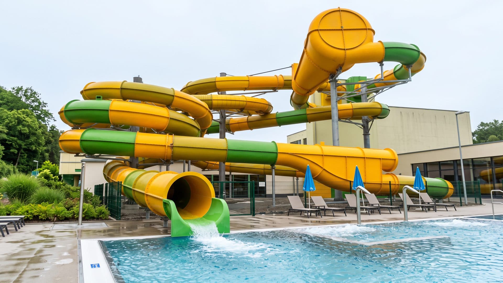 Yellow and green slide tower of the water park, with the outdoor pool at its foot.