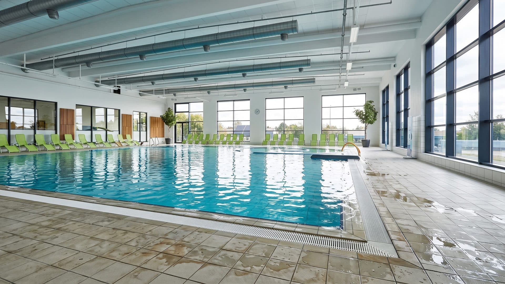 The long indoor pool of Water & Wellness Randers in a bright hall with tall windows