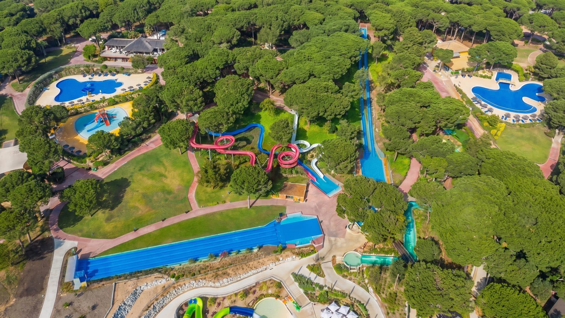 Water World from the air with its slides and pools among the pines