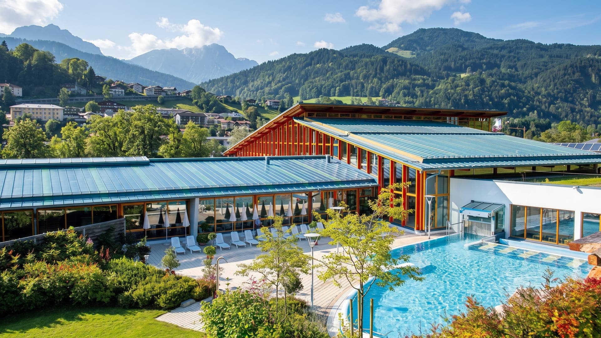 The outdoor pool at the Watzmanntherme in Berchtesgaden, with the timber-and-glass building and the Berchtesgaden Alps behind.