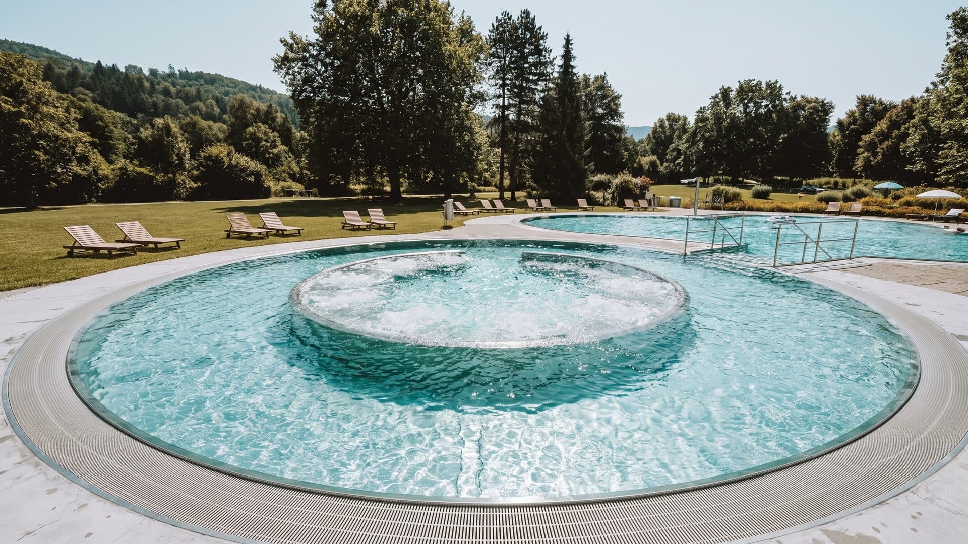 The round mineral pool of the Wellarium with its raised centre on the park lawn