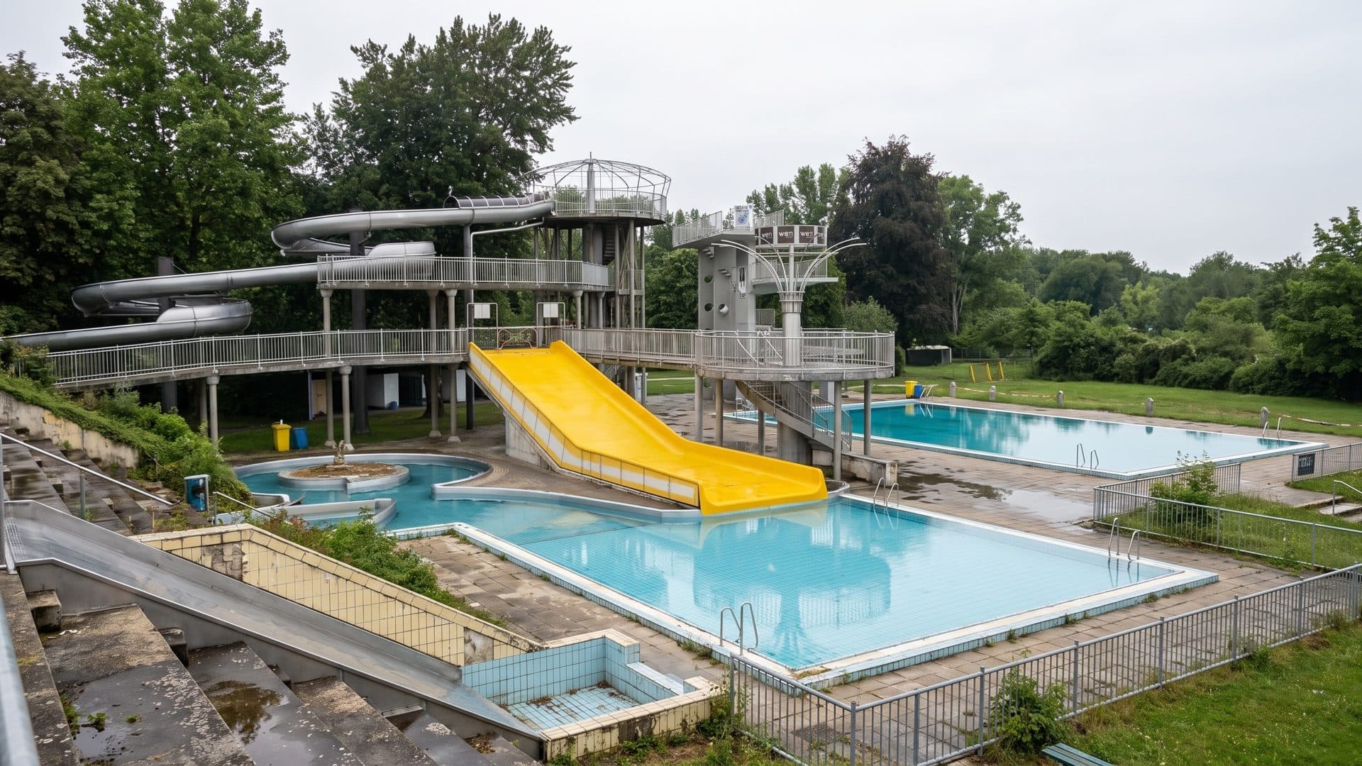 Outdoor pools below the elevated slide tower with a wide yellow slide, beside grassy terraces