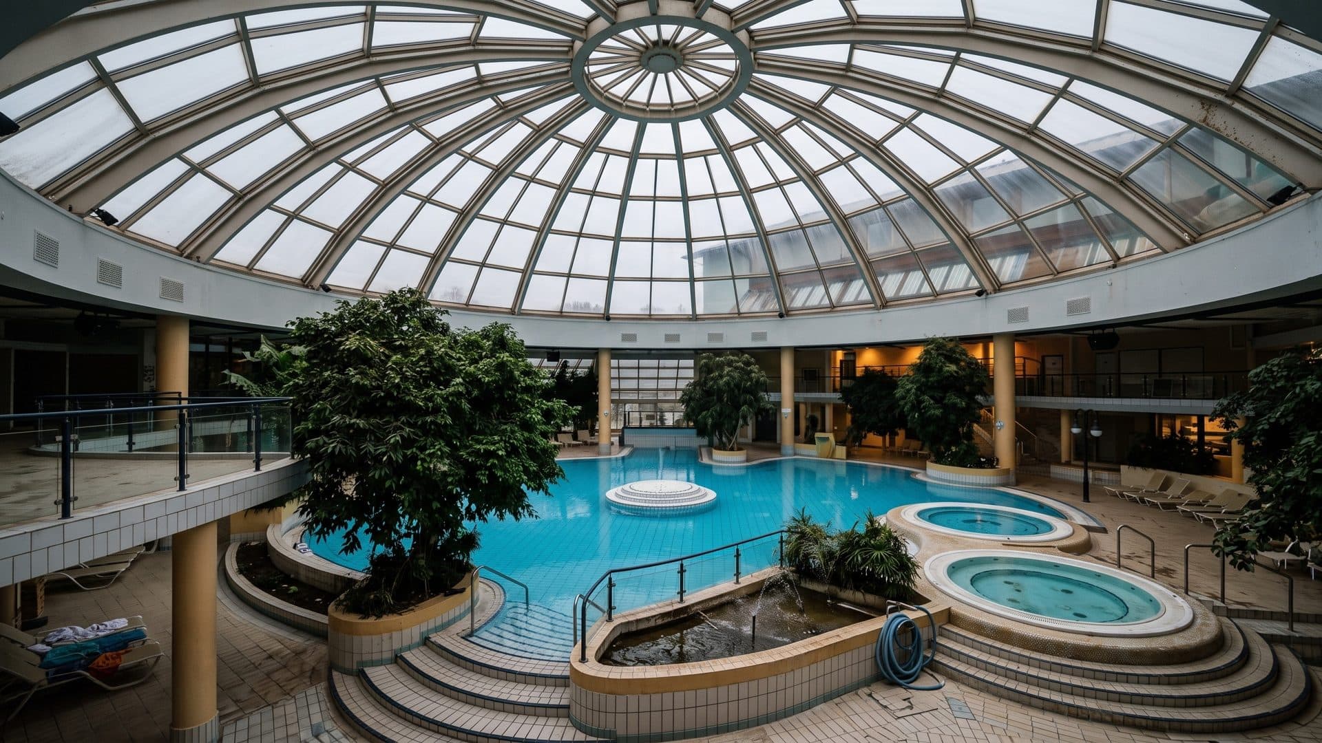 The glass dome of the Westfalen-Therme over a curved indoor pool with round whirlpools, stone steps and indoor trees