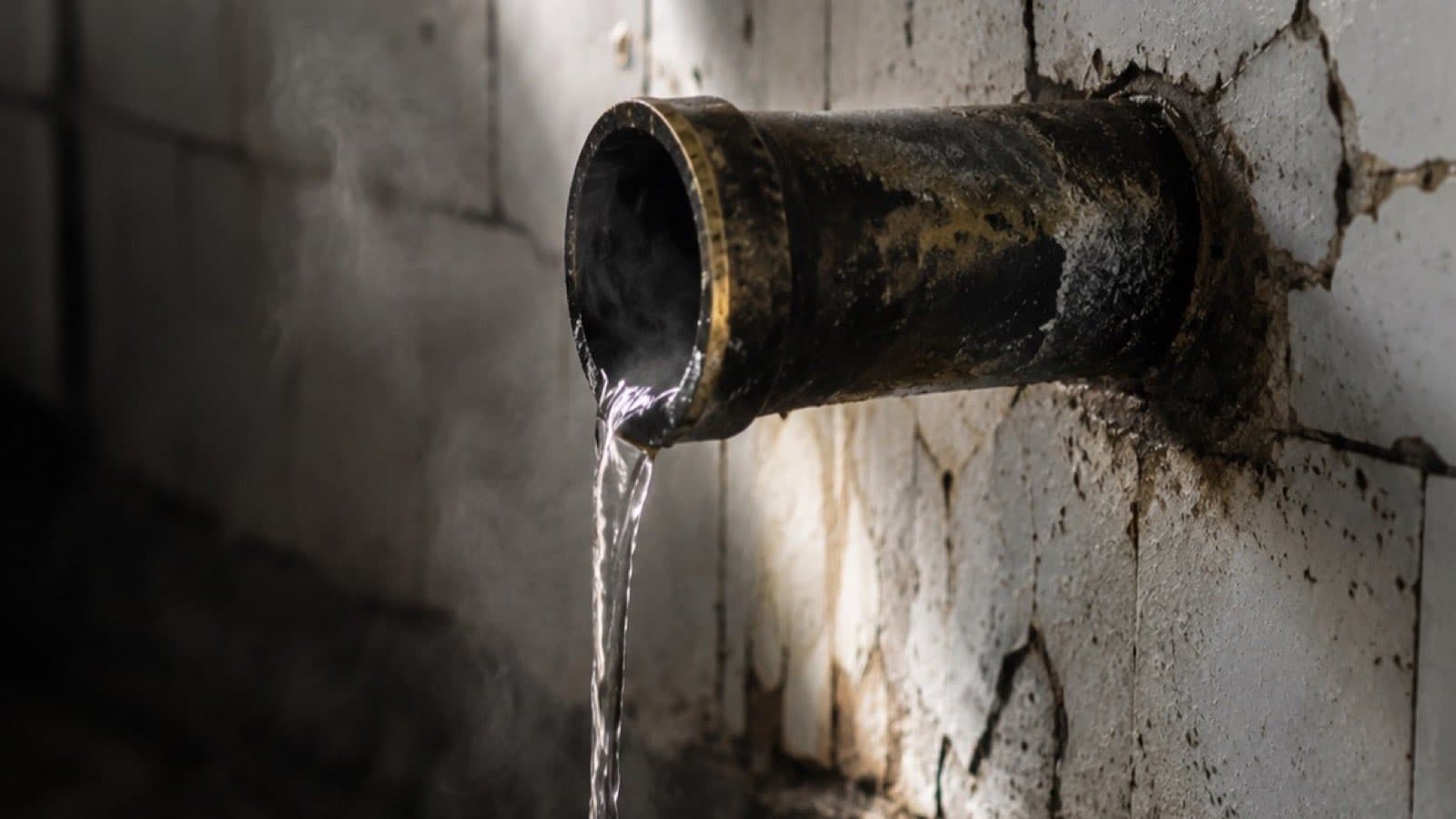 A corroded brass spout set in a cracked white-tiled wall, pouring a thin stream of steaming water