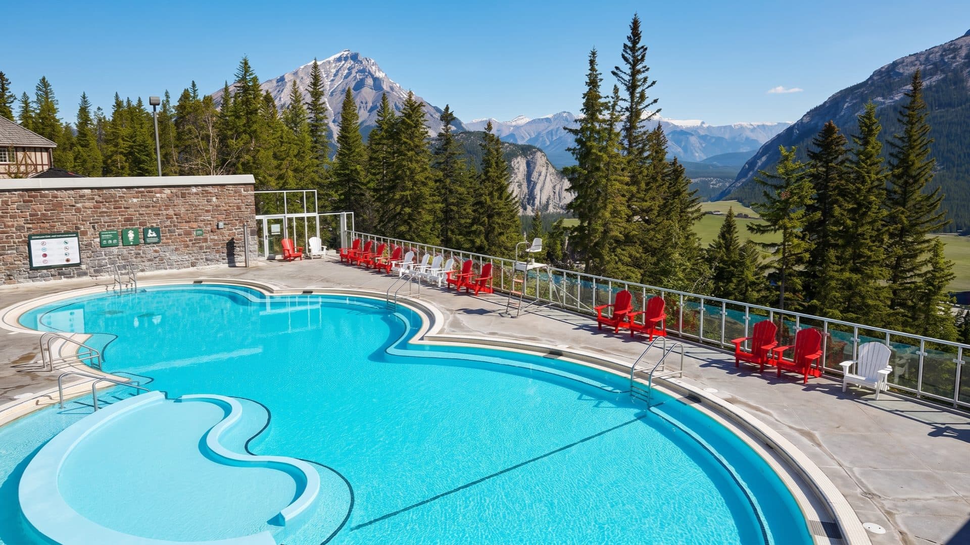 Outdoor hot pool in summer with red and white deck chairs along a glass railing, a snow-capped mountain and forested valley beyond.