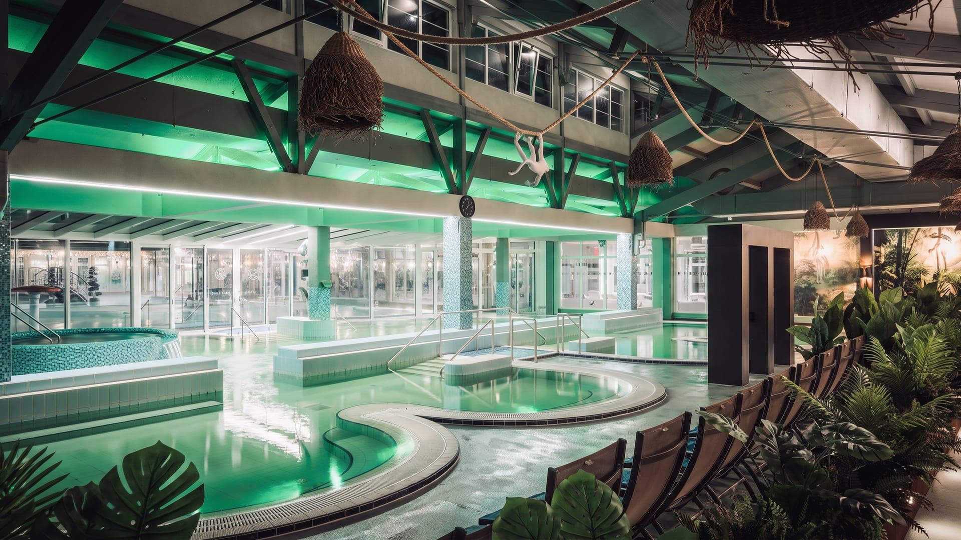 The indoor hall at the Flexum thermal bath in Mosonmagyarovar, lit green beneath a timber roof with hanging lamps.