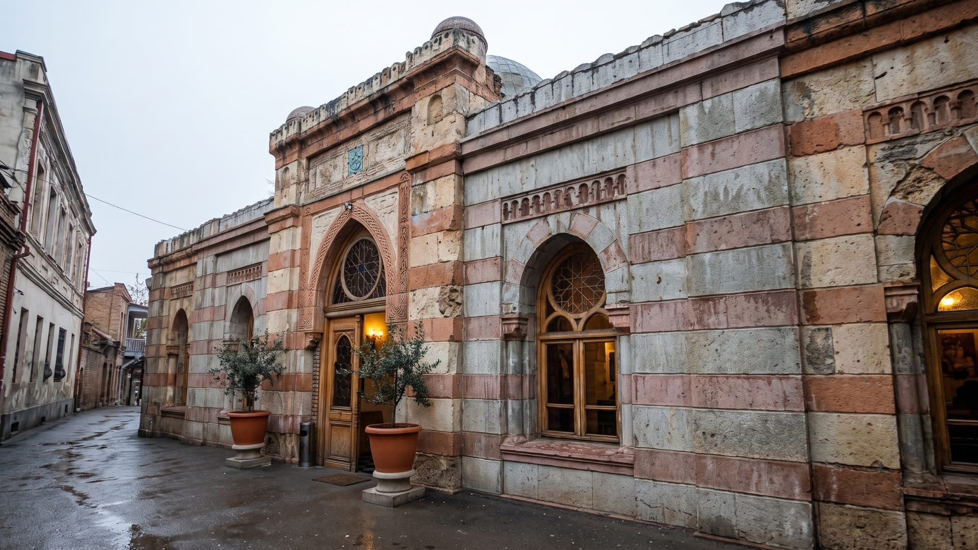Striped stone bathhouse on a street corner in Abanotubani, arched windows and brick domes above, the pavement wet after rain.