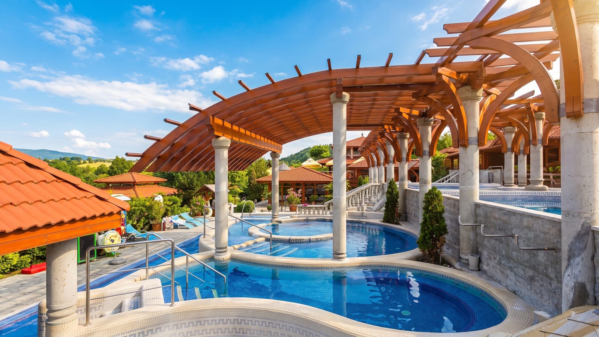 Timber pergola colonnade over the terraced pools
