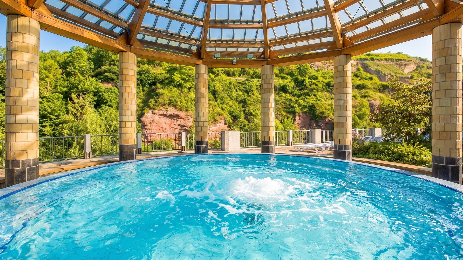 The outdoor pool at the Crucenia Thermen in Bad Kreuznach, under a colonnaded pergola below the red sandstone cliff.
