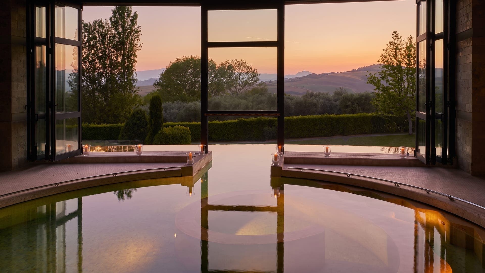 Indoor thermal pool at sunset, the glass wall open onto the hills