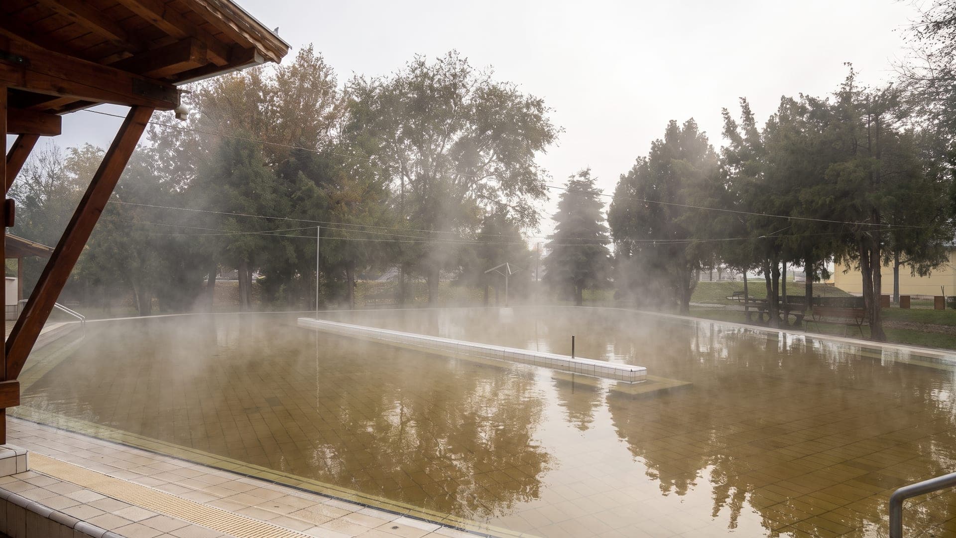Steam rising from the outdoor thermal pool at Hajdunanas in autumn fog, with bare trees around the water.