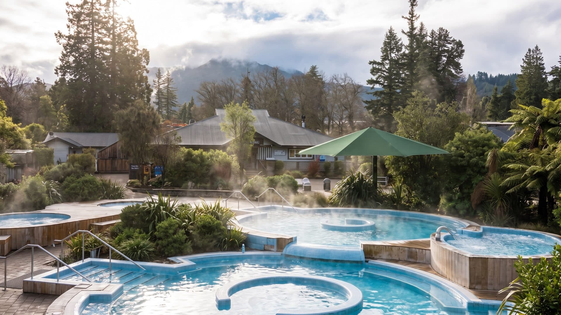 A cluster of steaming open-air pools among gardens and tree ferns, a low pavilion and misty mountains behind.
