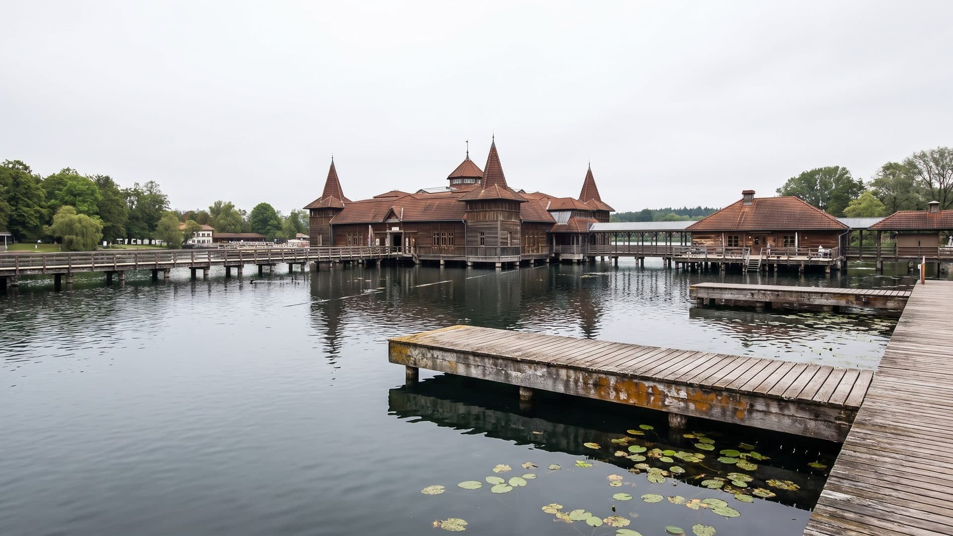 The bathhouse on stilts over Lake Hévíz, timber walkways reaching out across the lily-covered water.