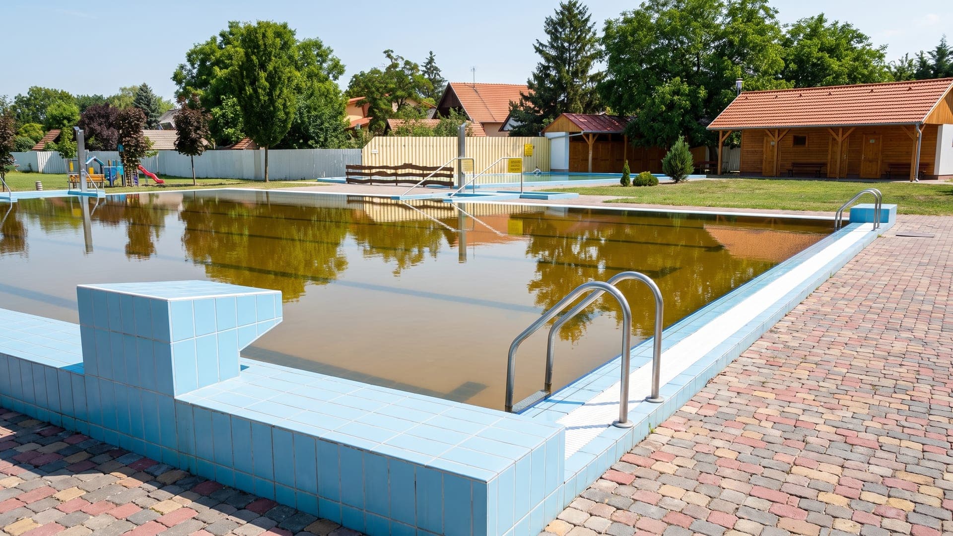 The blue swimming pool at the town bath in Kaba, with the village rooftops beyond the fence.