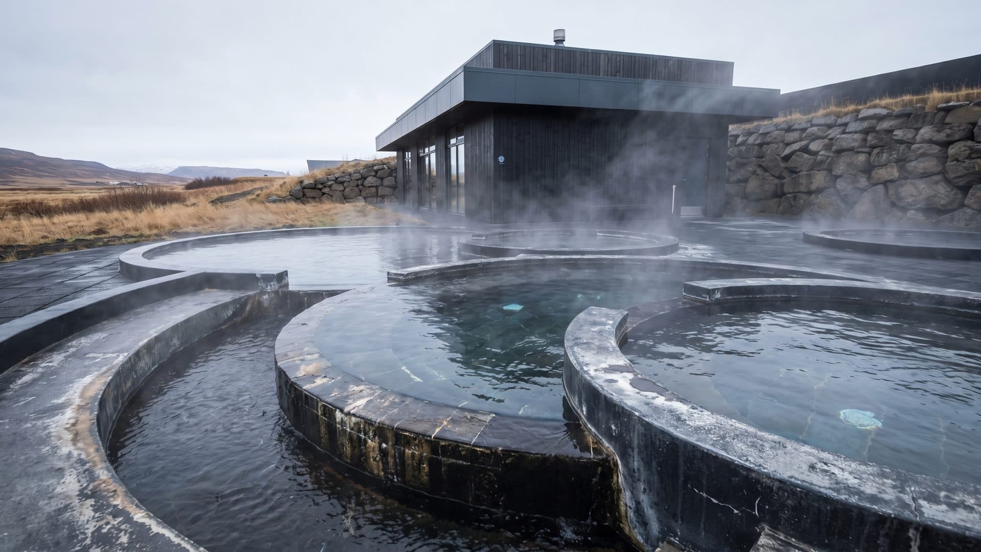 Krauma's dark stone bathing pools steaming in the open air beside the timber-clad bathhouse, lava rock and moss around them