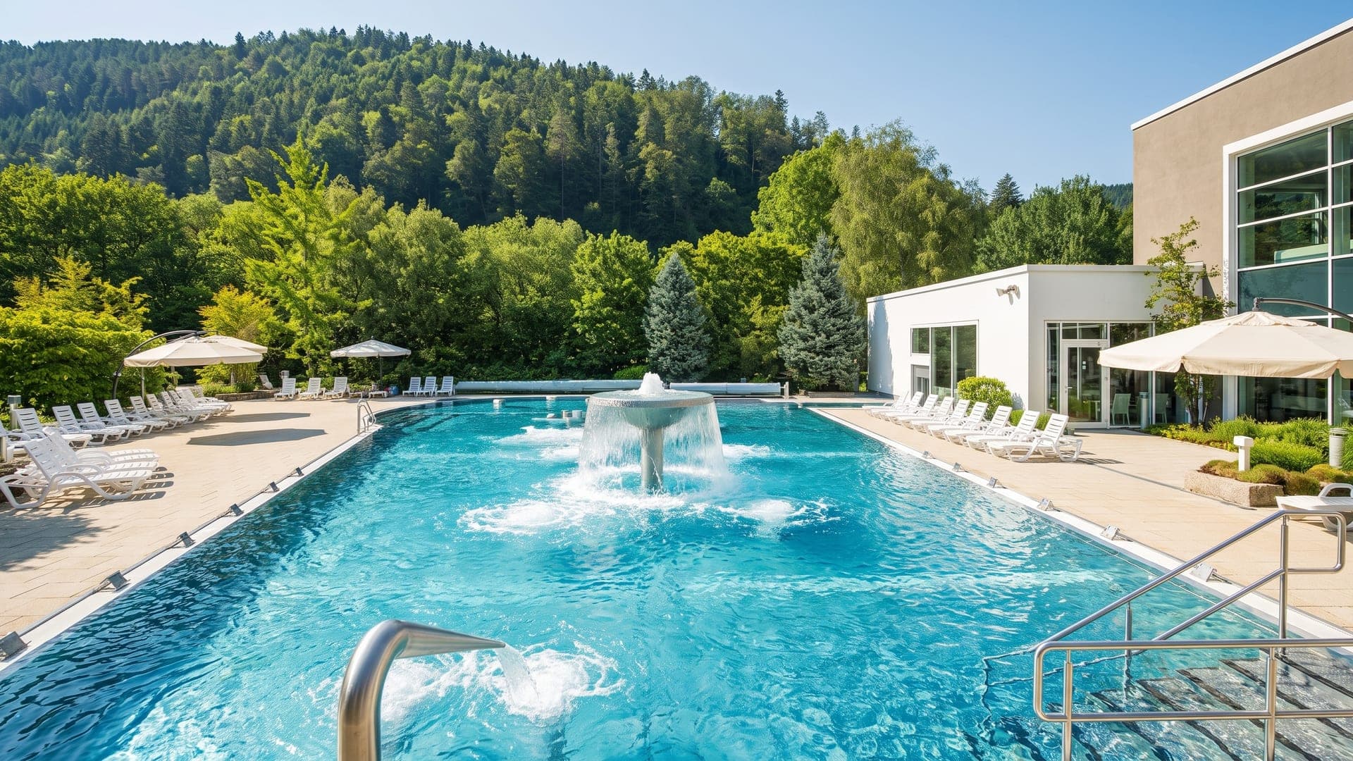 The outdoor pool at the Paracelsus Therme in Bad Liebenzell in summer, set in a wooded valley below the hills.