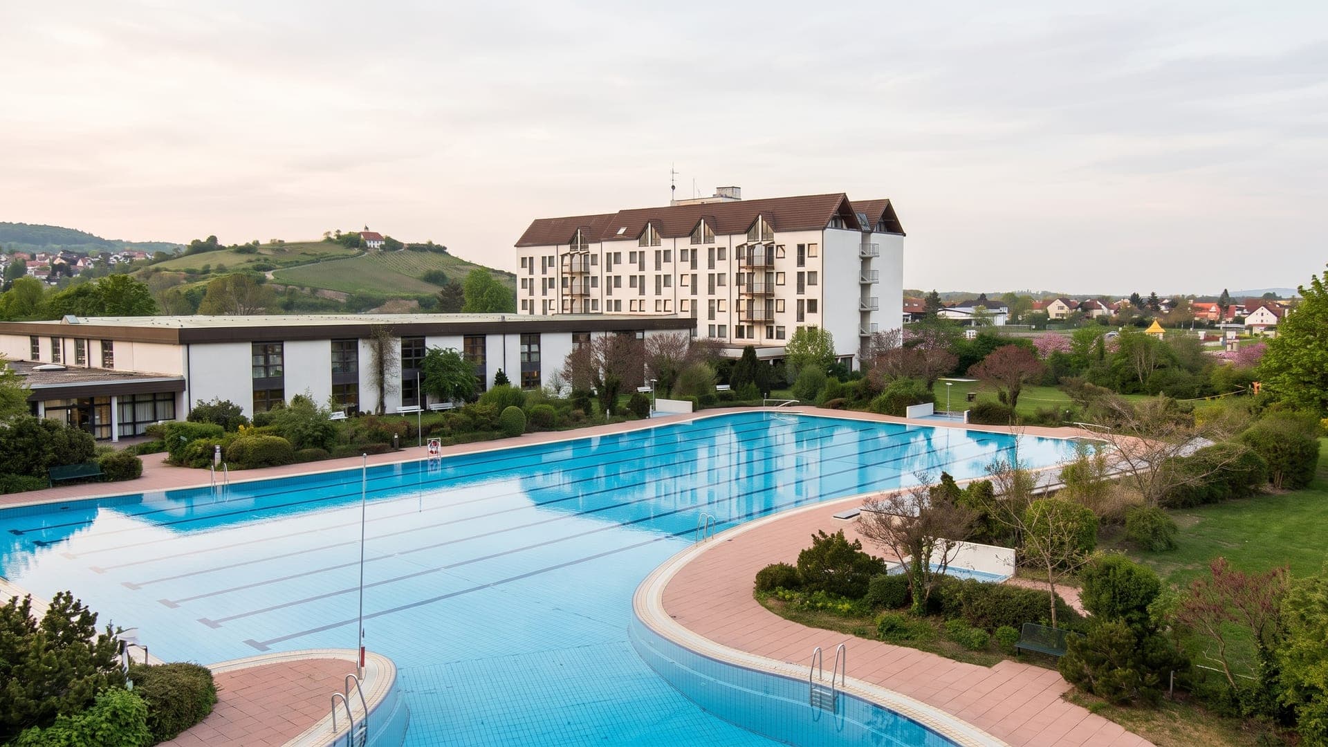 The outdoor pool at the Salinarium in Bad Duerkheim, with the spa buildings and the vine-covered hills behind.