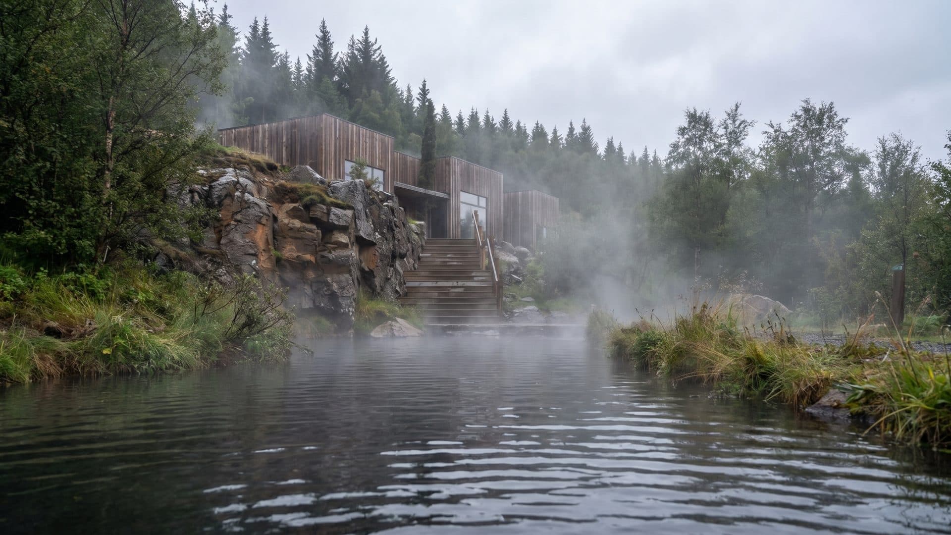 The dark geothermal lagoon at Skogarbodin steaming in front of its timber bathhouse, spruce forest all around