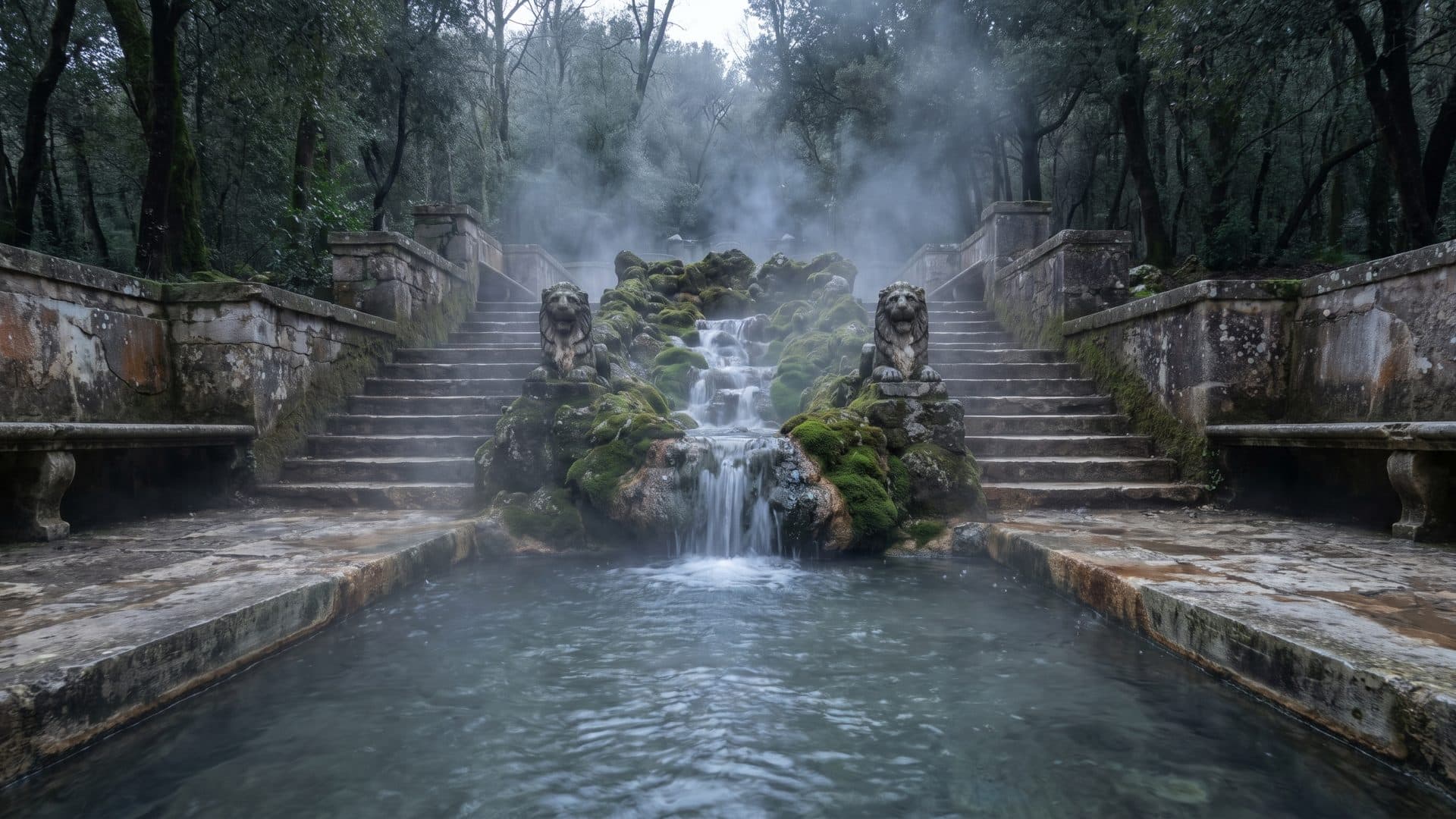 The steaming spring cascade at Luso falling into a stone channel between carved figures in the wooded park