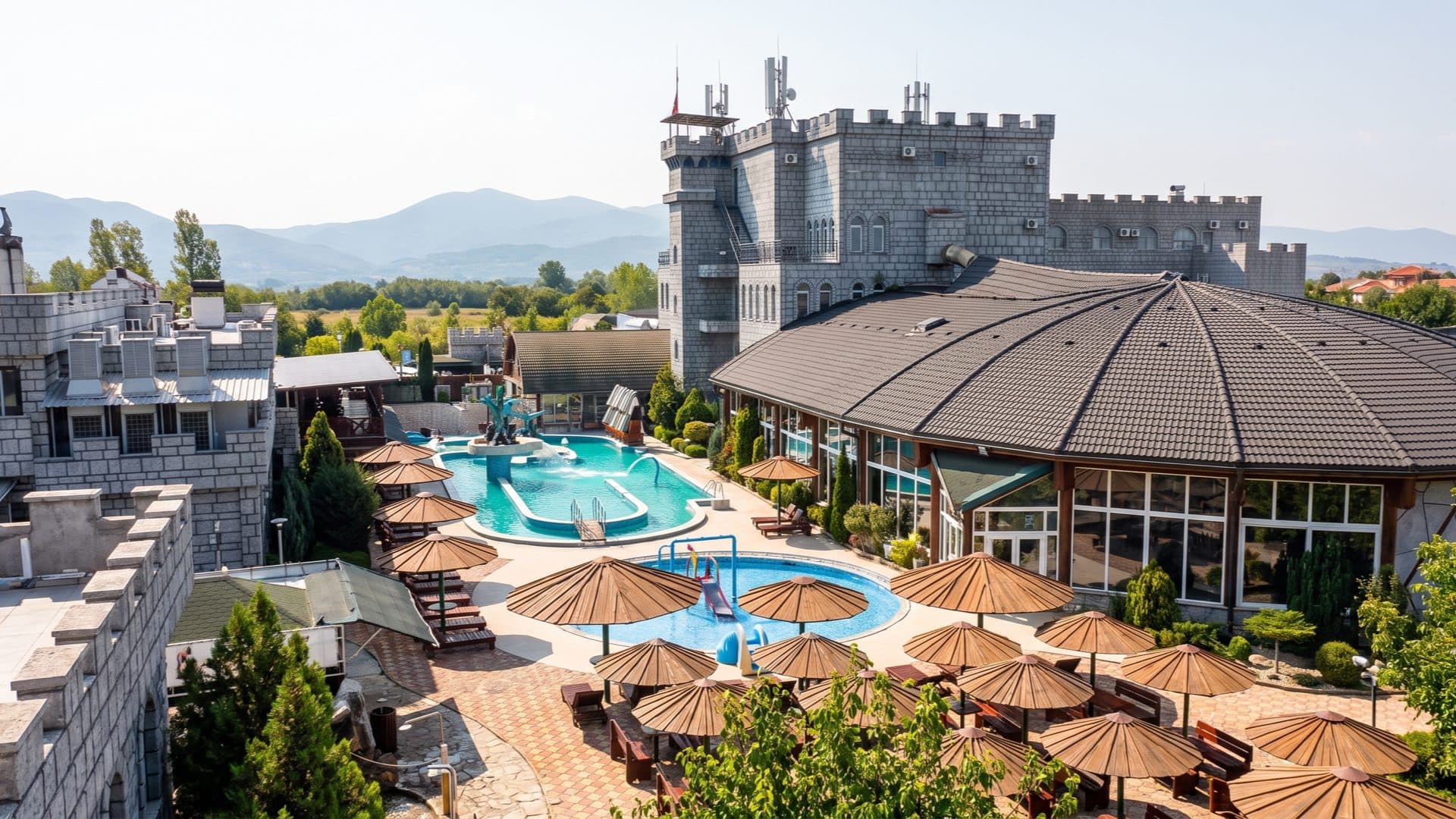 Aerial view of the castle-themed spa resort, its turreted hall ringed by brown straw parasols, pools and gardens below the hills.