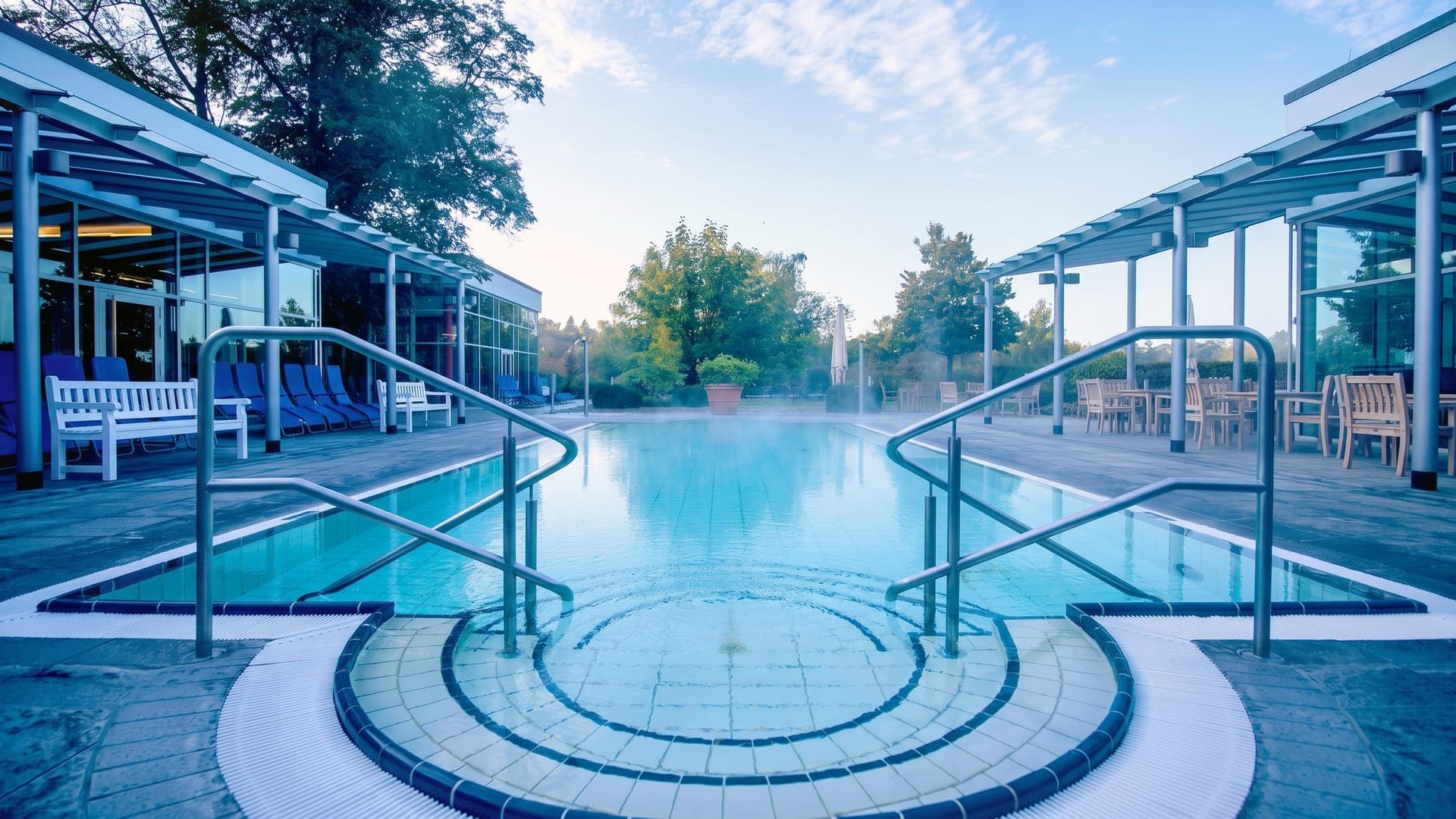 The outdoor pool at the Thermalbad Aukammtal in Wiesbaden, with timber pergolas and benches along both sides.