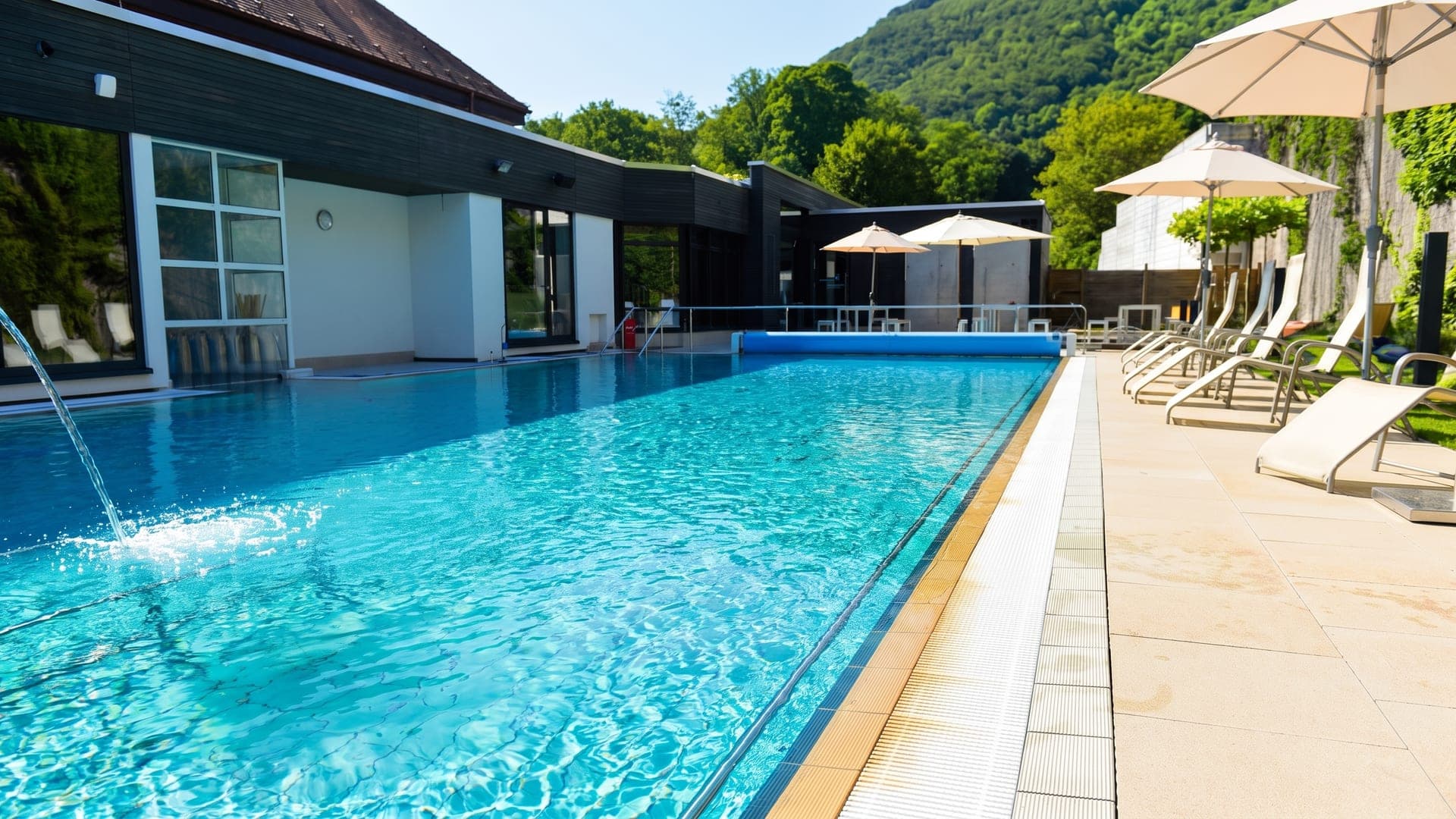 The outdoor pool at the thermal bath in Bad Ueberkingen beside the dark timber-clad building, loungers and parasols along the terrace.