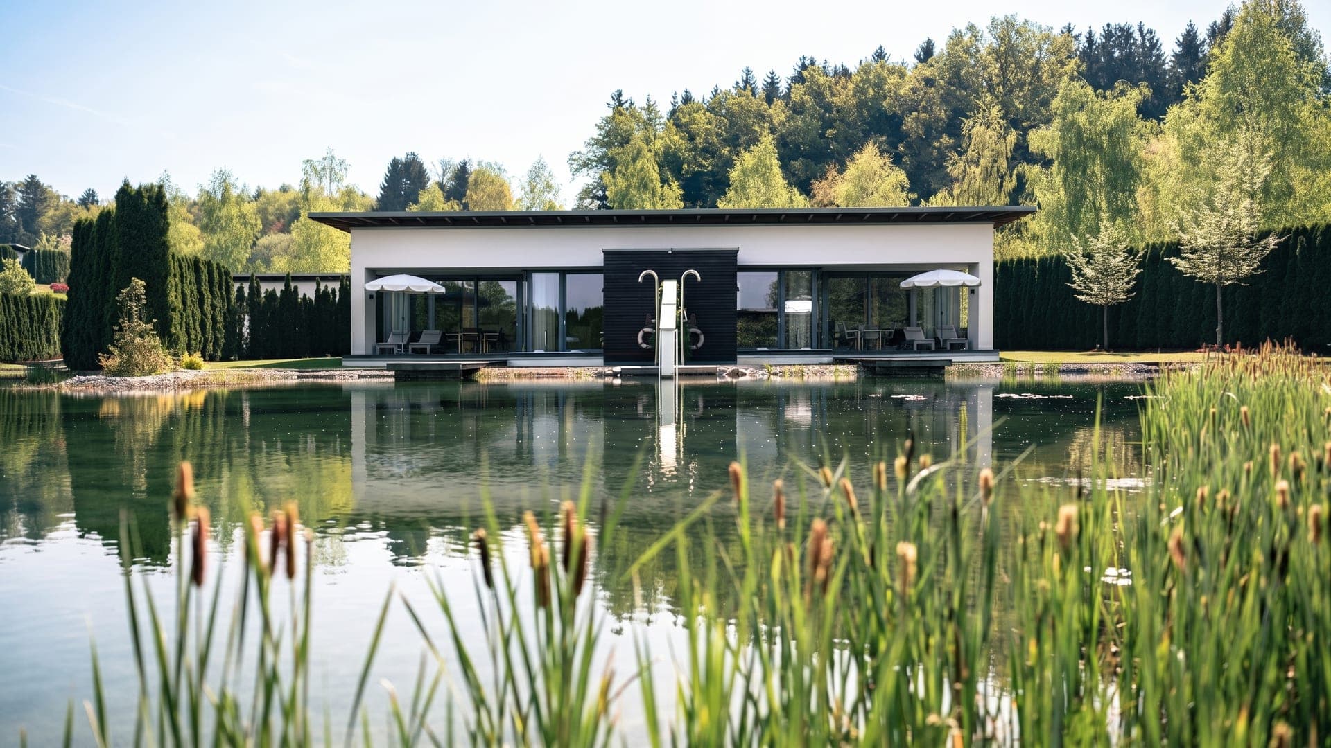 Dark pavilion mirrored in a natural bathing pond fringed with reeds