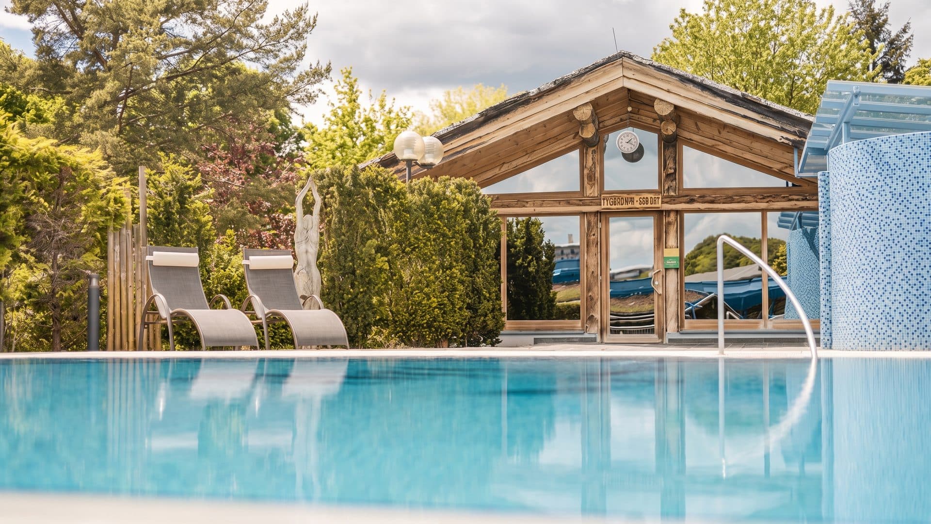 The outdoor thermal pool at Loipersdorf with turquoise water, loungers along a clipped hedge and a timber pavilion at the far end