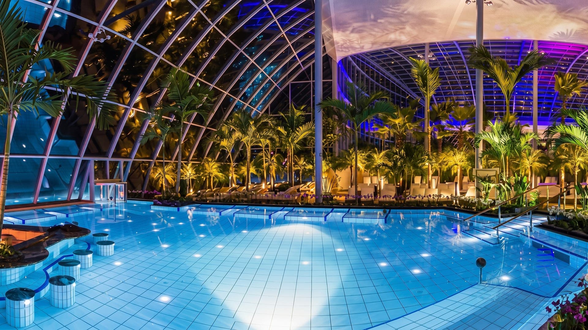 The palm dome at the Thermen & Badewelt Sinsheim at night, the lit palms reflected in the water.