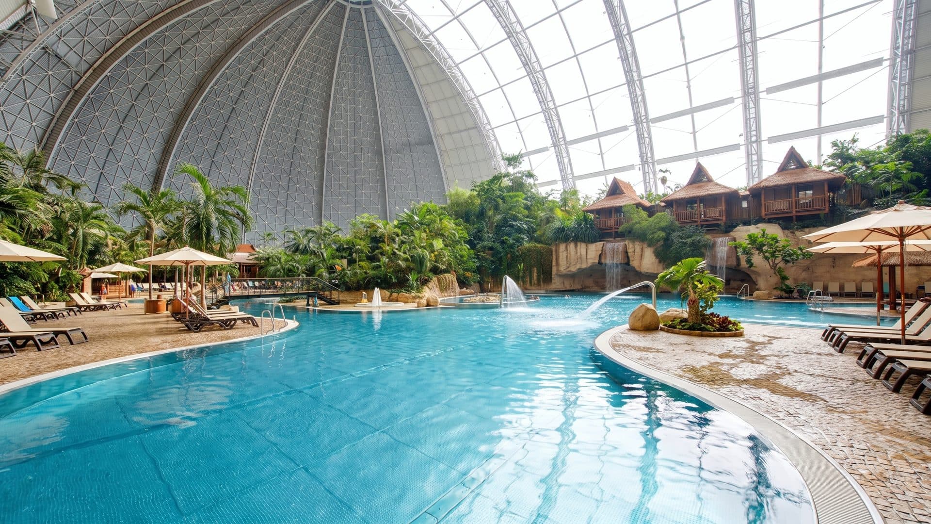 The lagoon inside the Tropical Islands dome, palms and thatched huts along the shore under the vast curved roof