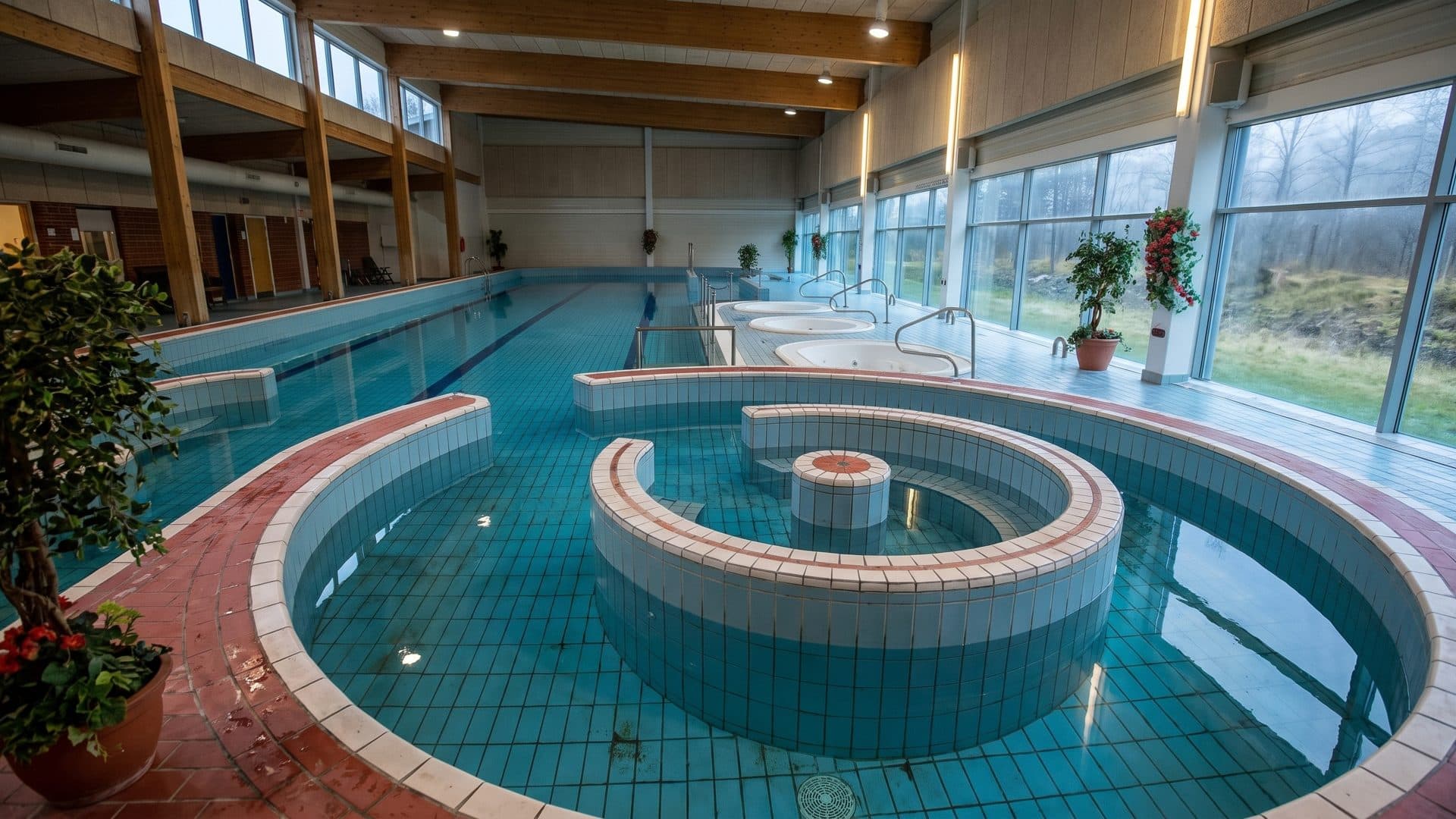 The indoor pool hall at Varska with a spiral pool at its centre and a glazed wall onto the garden