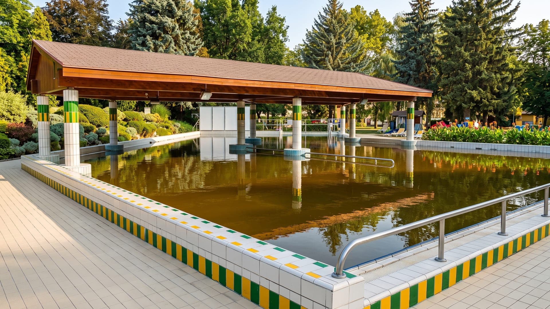 The outdoor thermal pool at the Zalakaros bath, its ochre water under a broad timber canopy.